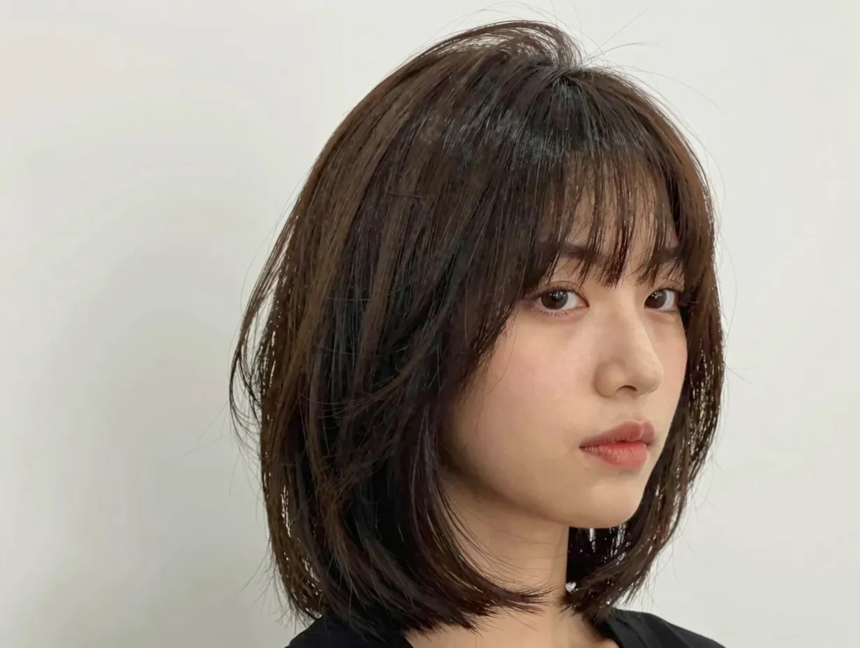 A modern woman with a voluminous butterfly bob and soft curtain bangs