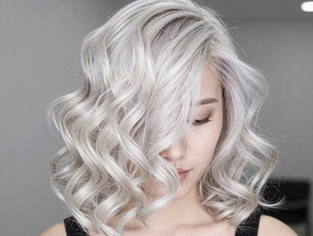 Bold platinum blonde transformation on defined wavy curls