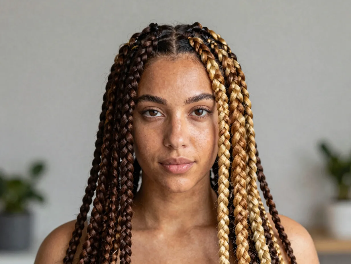 Chocolate honey center part box braids statement protective style