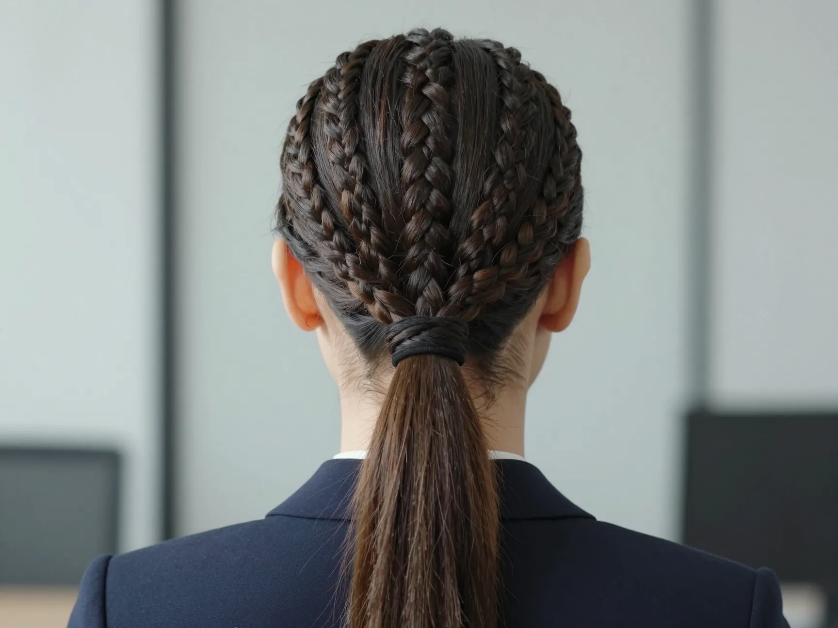 Classic straight back cornrow ponytail on woman in office setting