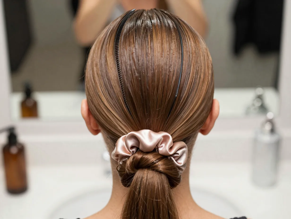 Middle part foundation bun center part moisturized hair leave in conditioner rat tail comb