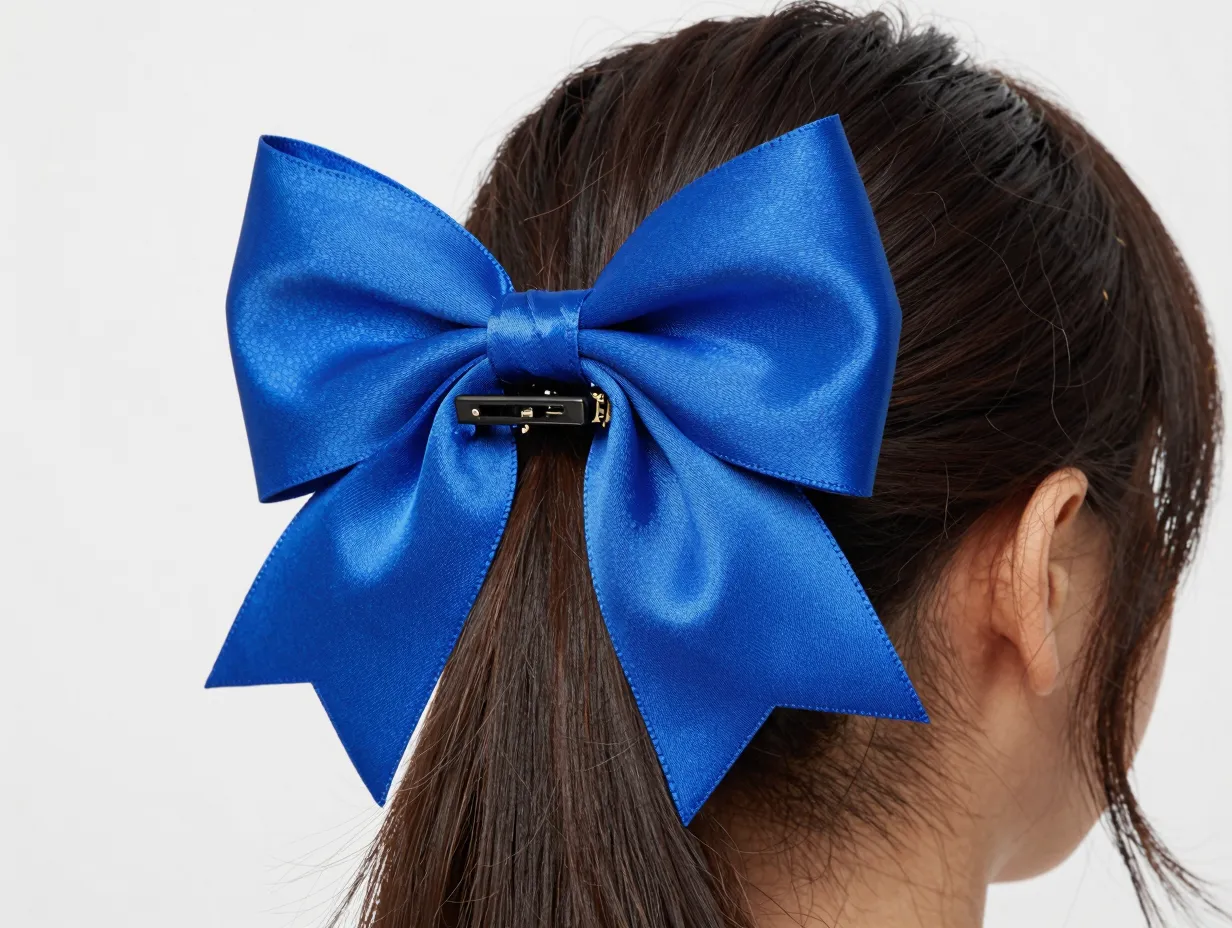 Oversized satin bow clip on thick hair with contrasting cobalt color