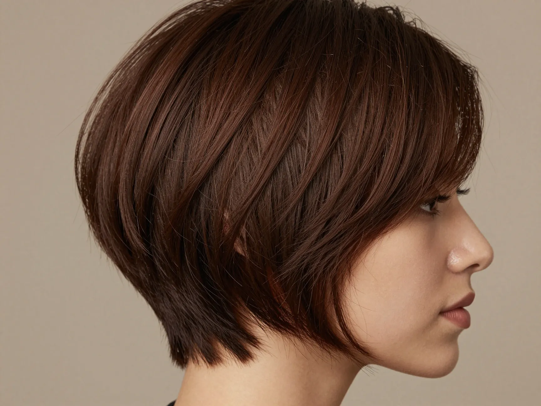 Rich warm chocolate brown pixie cut elegant natural depth indoors