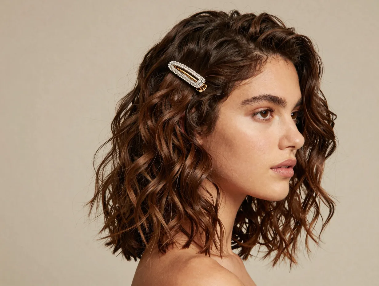 Textured lob with voluminous loose waves and jeweled clip