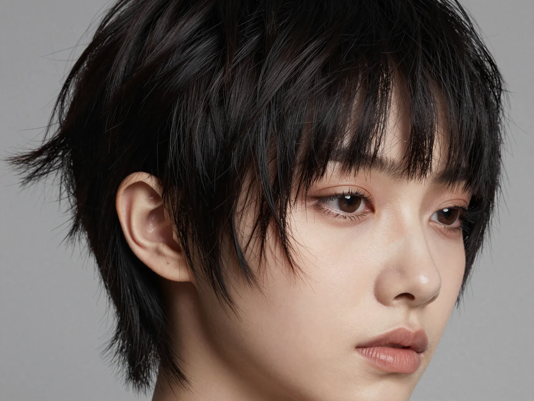 A dramatic short winged pixie flip haircut with wispy feathered bangs