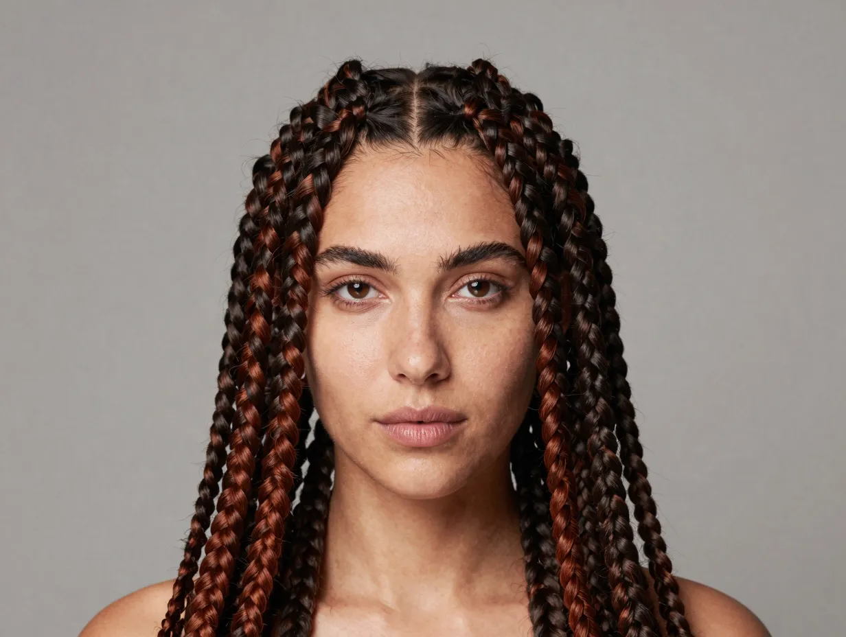 Chestnut face framing stripe knotless braids subtle color