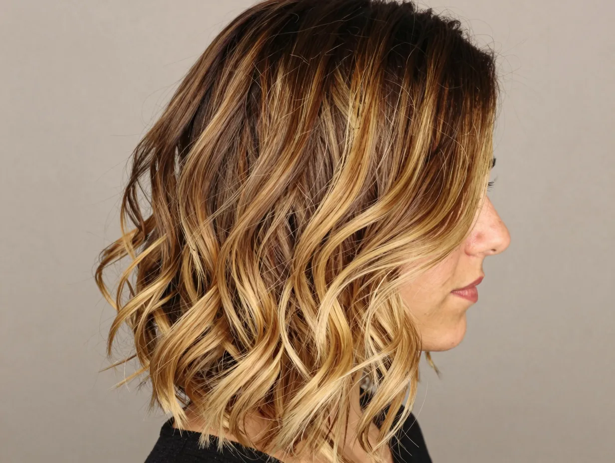 High contrast espresso roots honey blonde balayage