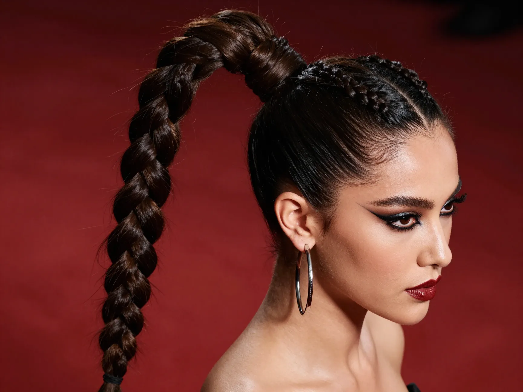 High cornrow ponytail with bold makeup and hoop earrings