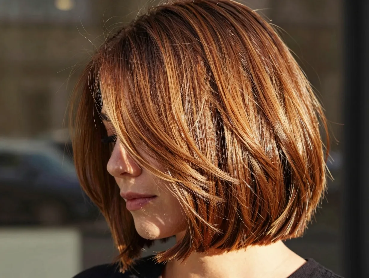 Sun kissed caramel brown textured bob multi tonal soft light