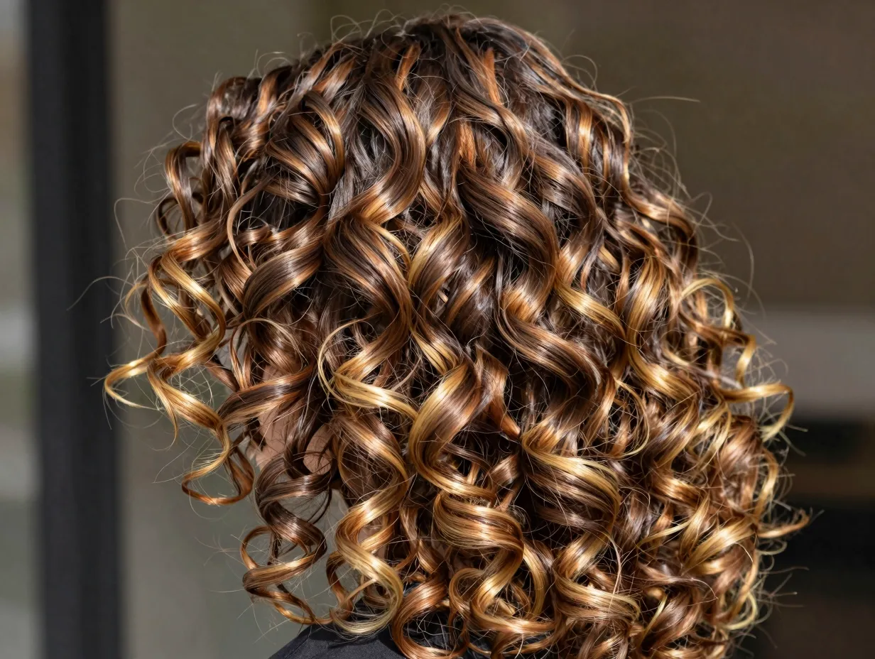 Tiger eye balayage with bronze gold brown stripes on curly hair