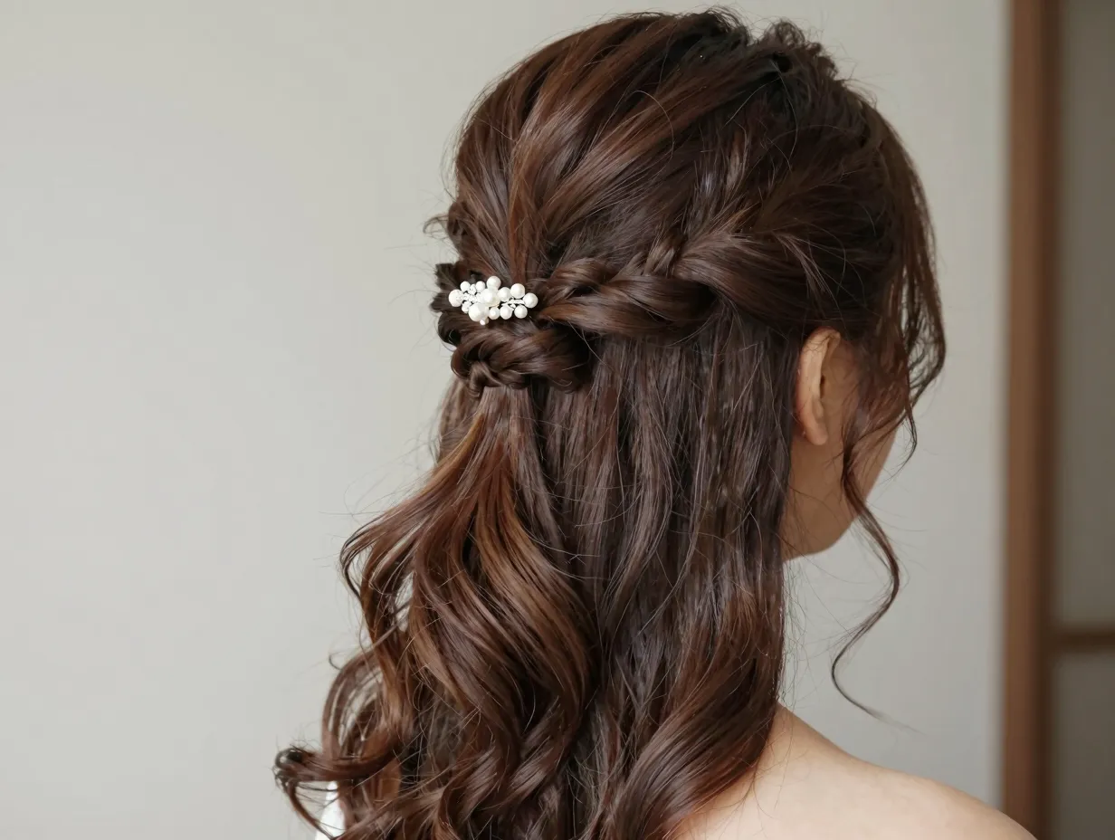 Twisted half up hairstyle with soft waves and decorative clip