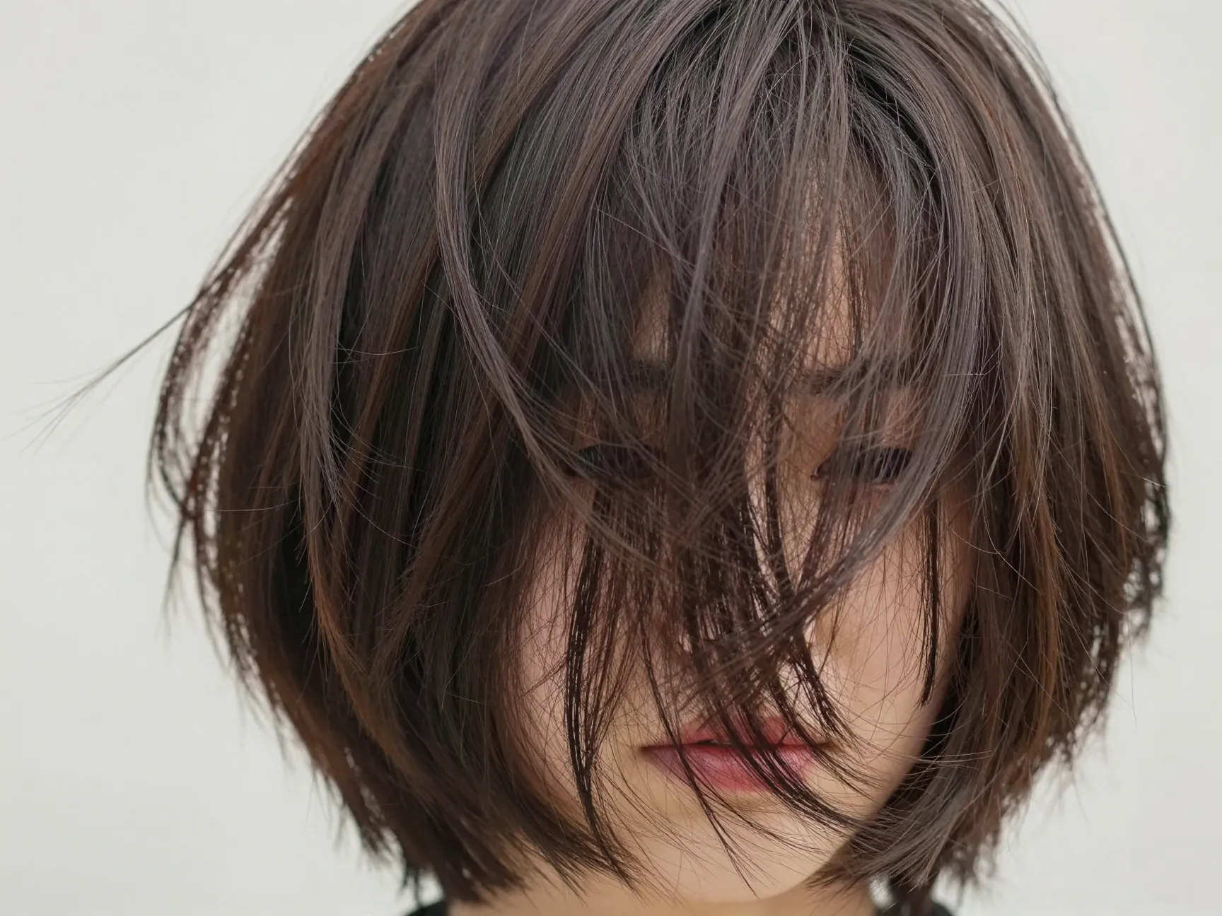 A choppy short haircut with textured layers and choppy curtain bangs