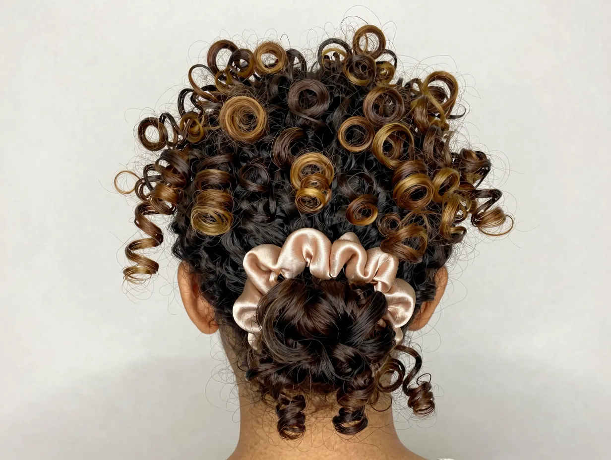 A pineapple updo with curls gathered high and fanning forward at the crown