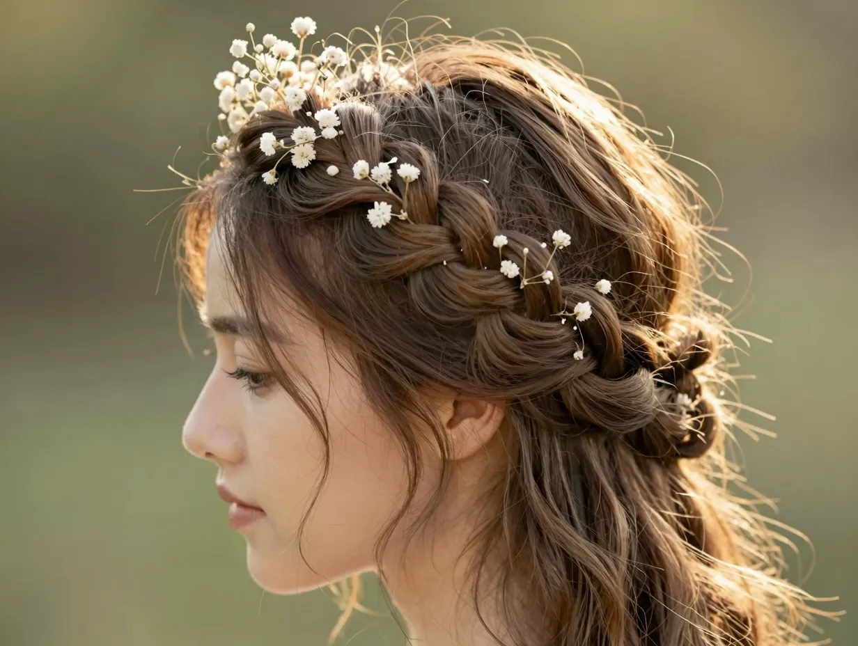 French braid crown halo hairstyle on medium length hair