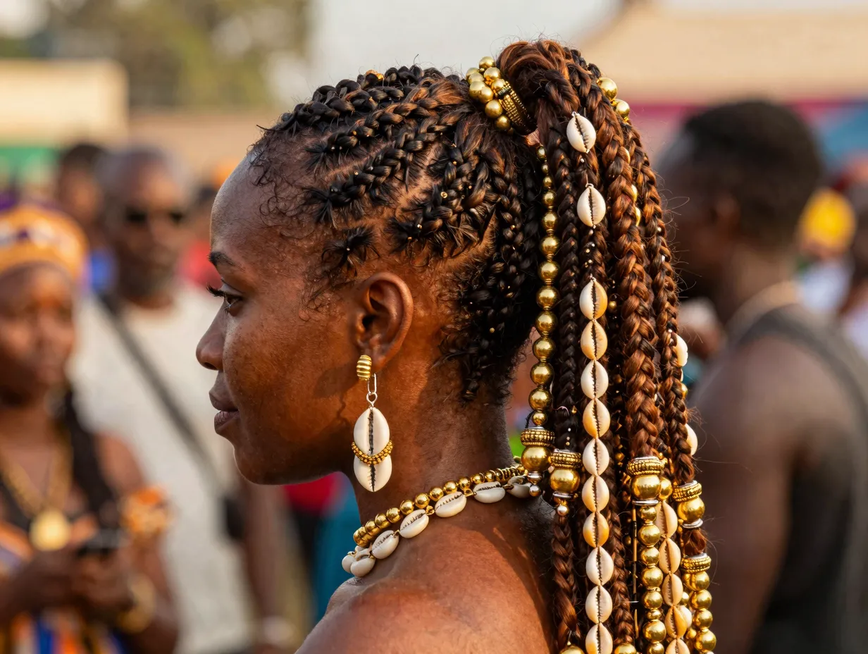 Fulani cornrow ponytail with gold beads and cowrie shells