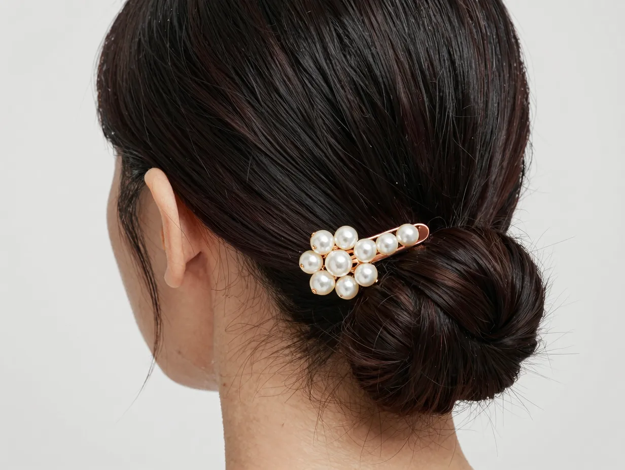 Pearl embellished barrette on a sleek low bun at nape