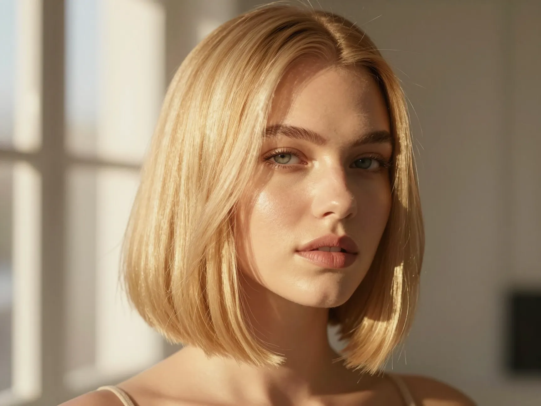 Radiant honey blonde blunt bob glowing soft feminine aesthetic
