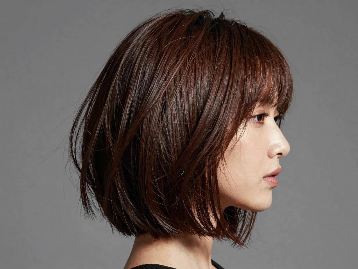 An elegant chin length bob with shorter back layers and airy flipped bangs
