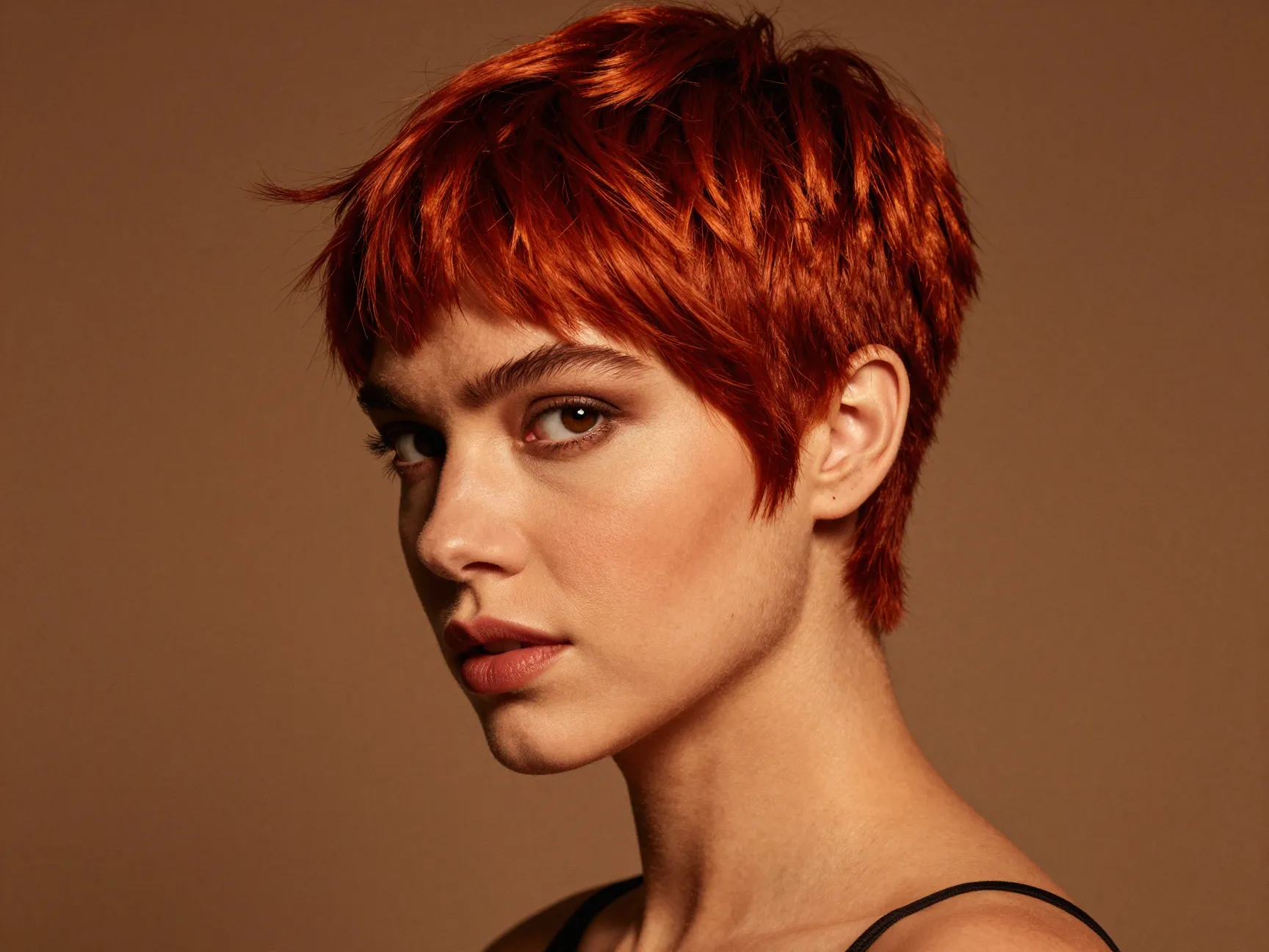 Bold saturated copper red pixie cut statement warm powerful