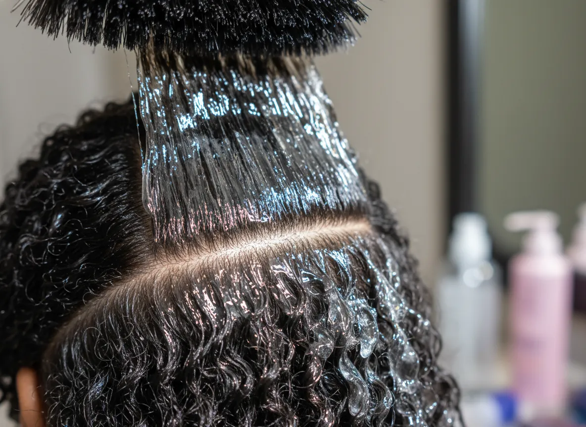 Coiled hair has gel roots gummy wax and strong hold smooth back