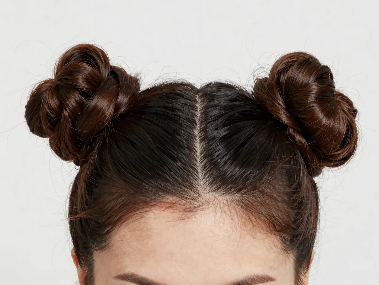 Double buns pinned on each side of a head with short to medium curly hair