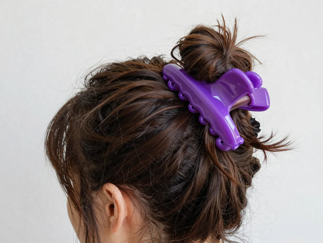 Electric purple oversized claw clip holding a messy bun