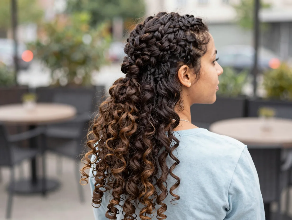 Half up cornrow ponytail with loose natural curls down