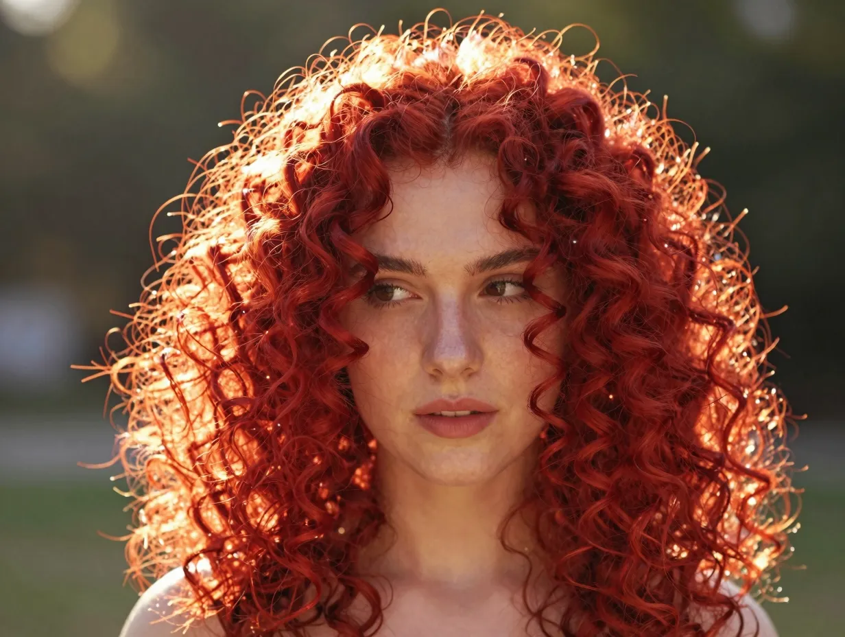 Vibrant bright red curly hair sparkling in natural sunlight