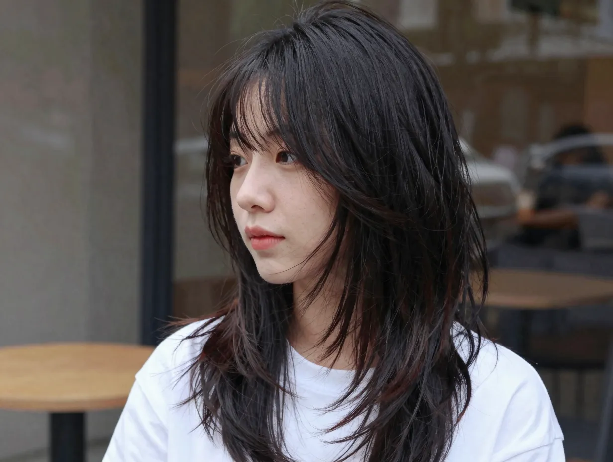 A relaxed contemporary shag butterfly cut with long curtain bangs