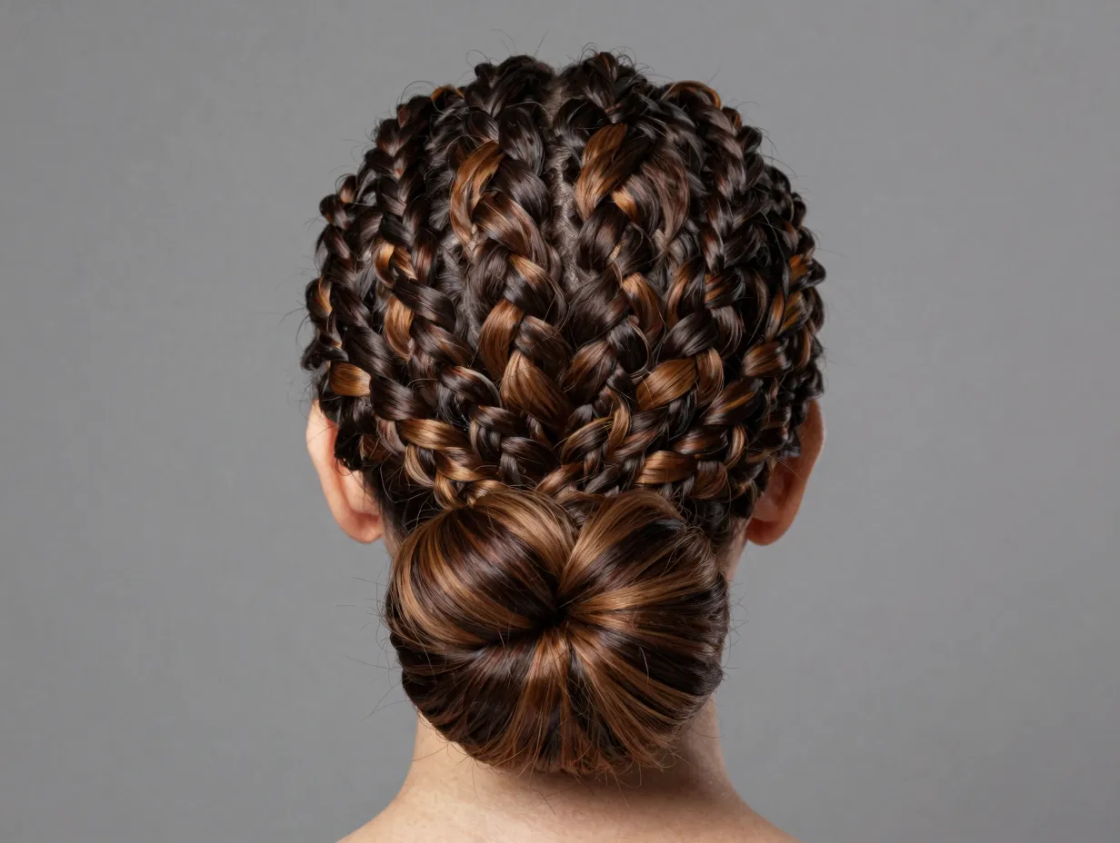 Caramel highlights stripe micro braids detailed painterly updo