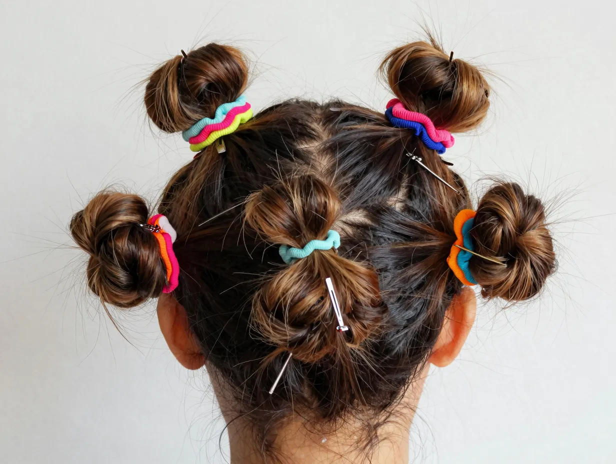 Playful multiple mini buns updo with face framing pieces