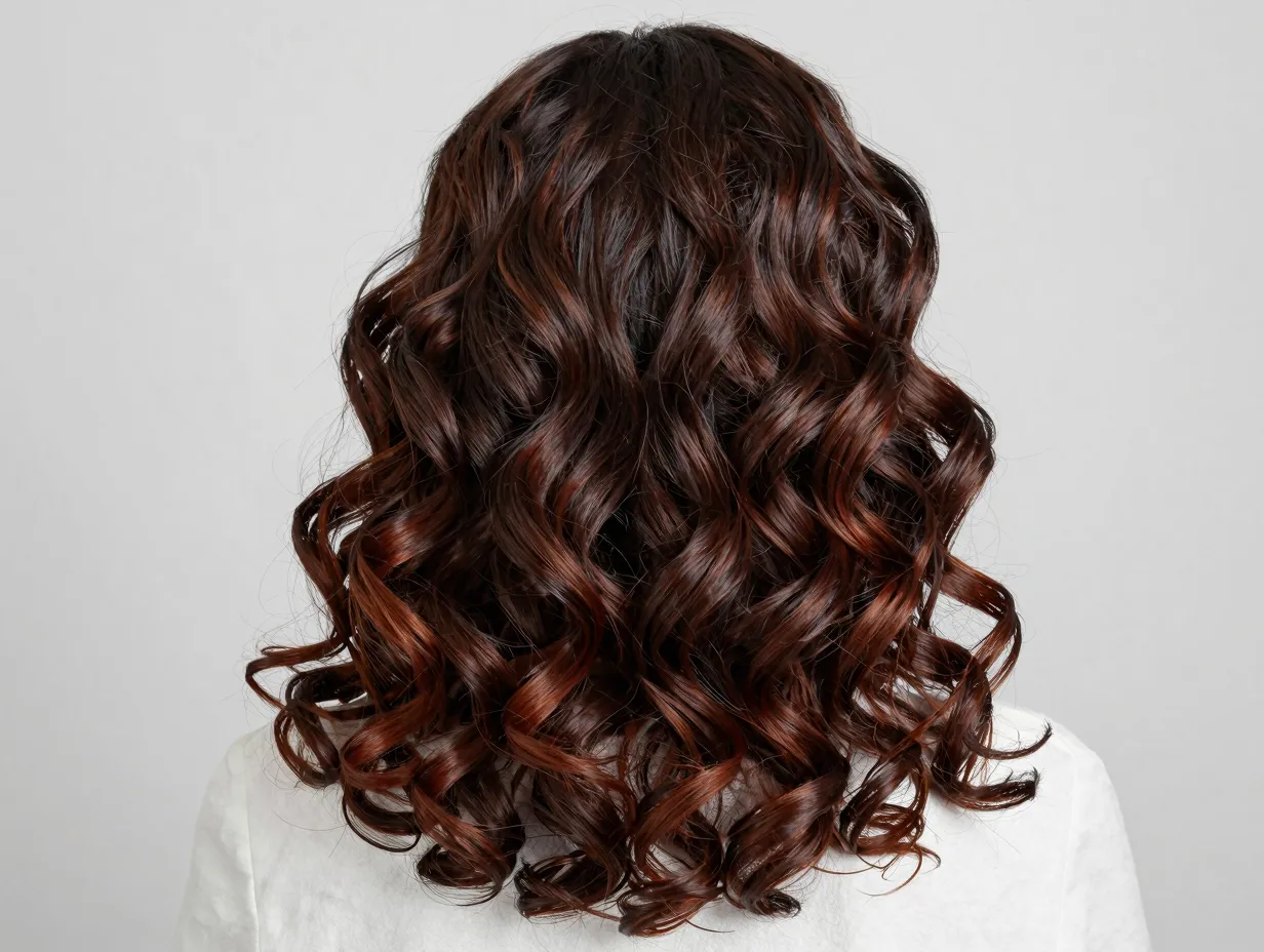 Rich dark chocolate brown curls with subtle mahogany dimension