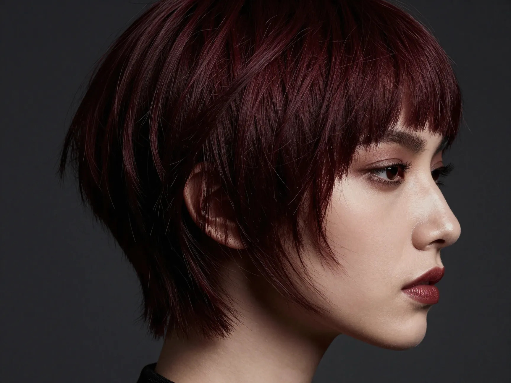 Sultry burgundy pixie with bangs editorial sophisticated dramatic