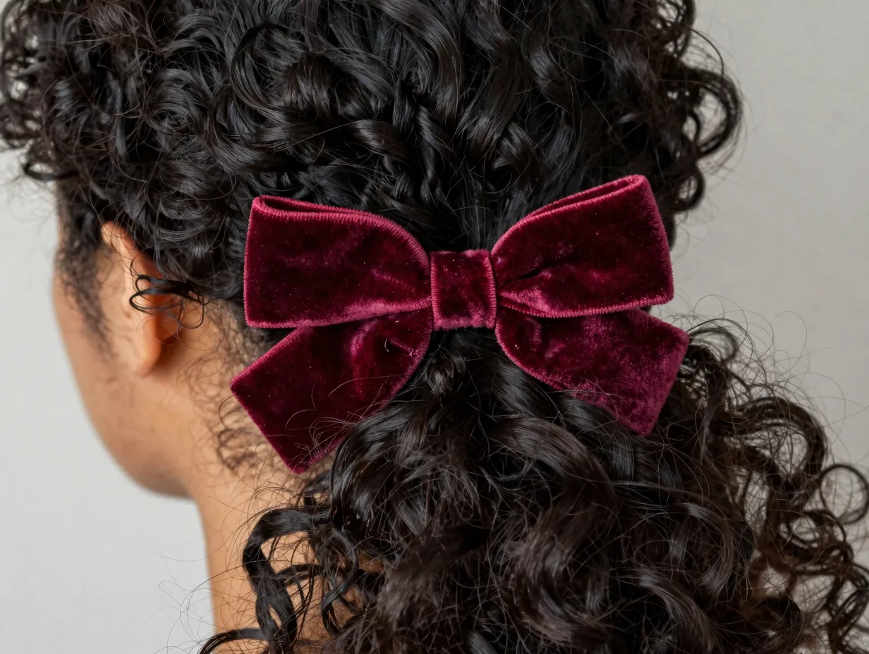 Velvet scrunchie with sewn bow on a curly ponytail