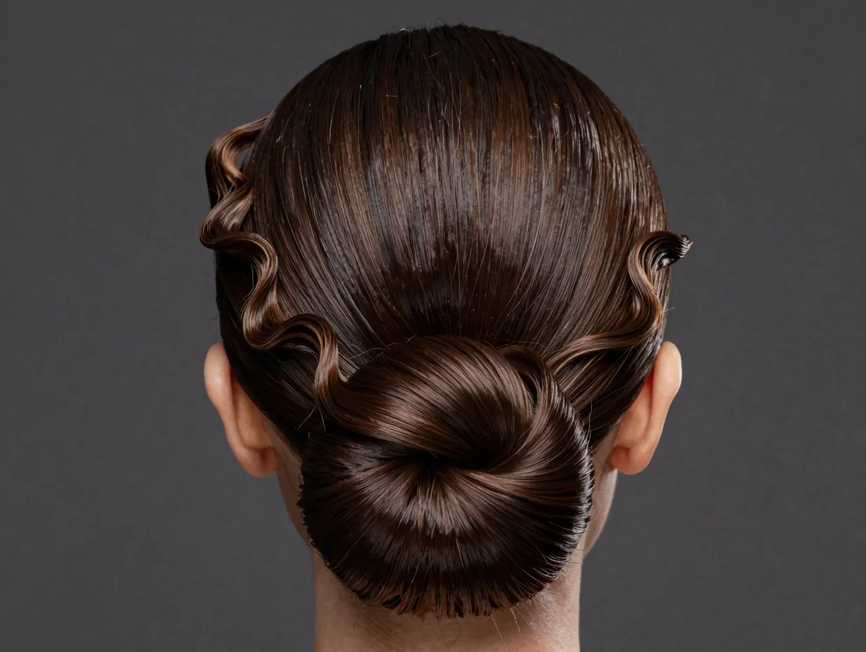 A sleek smooth bun with artfully designed swirls and waves at the edges