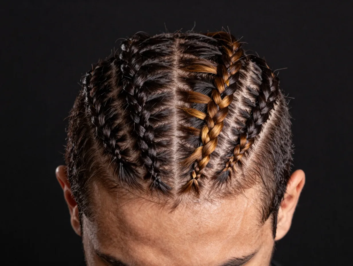 Dark warm brown split feed in cornrows geometric athletic look