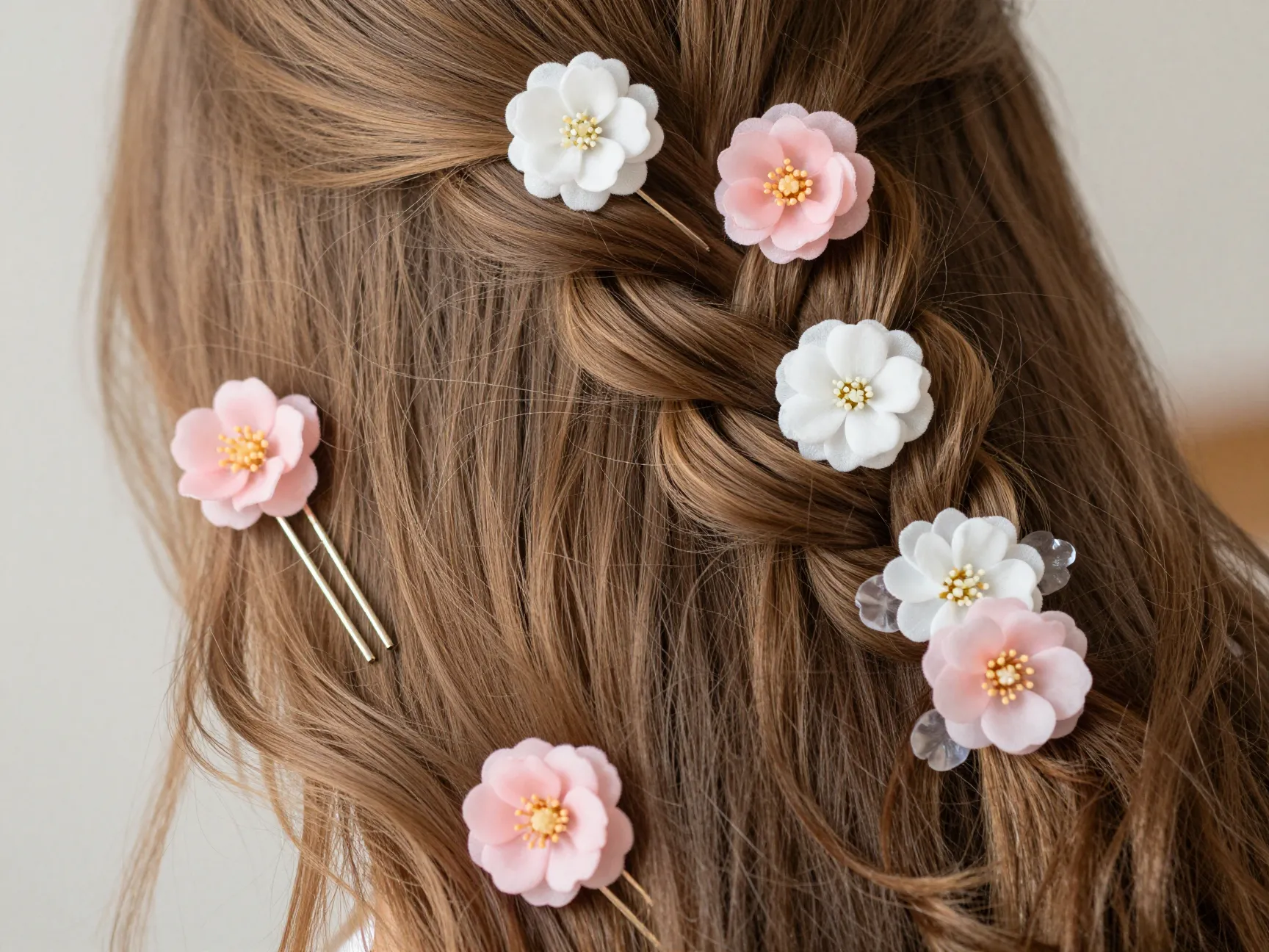 Floral hair pins scattered throughout a loose braid