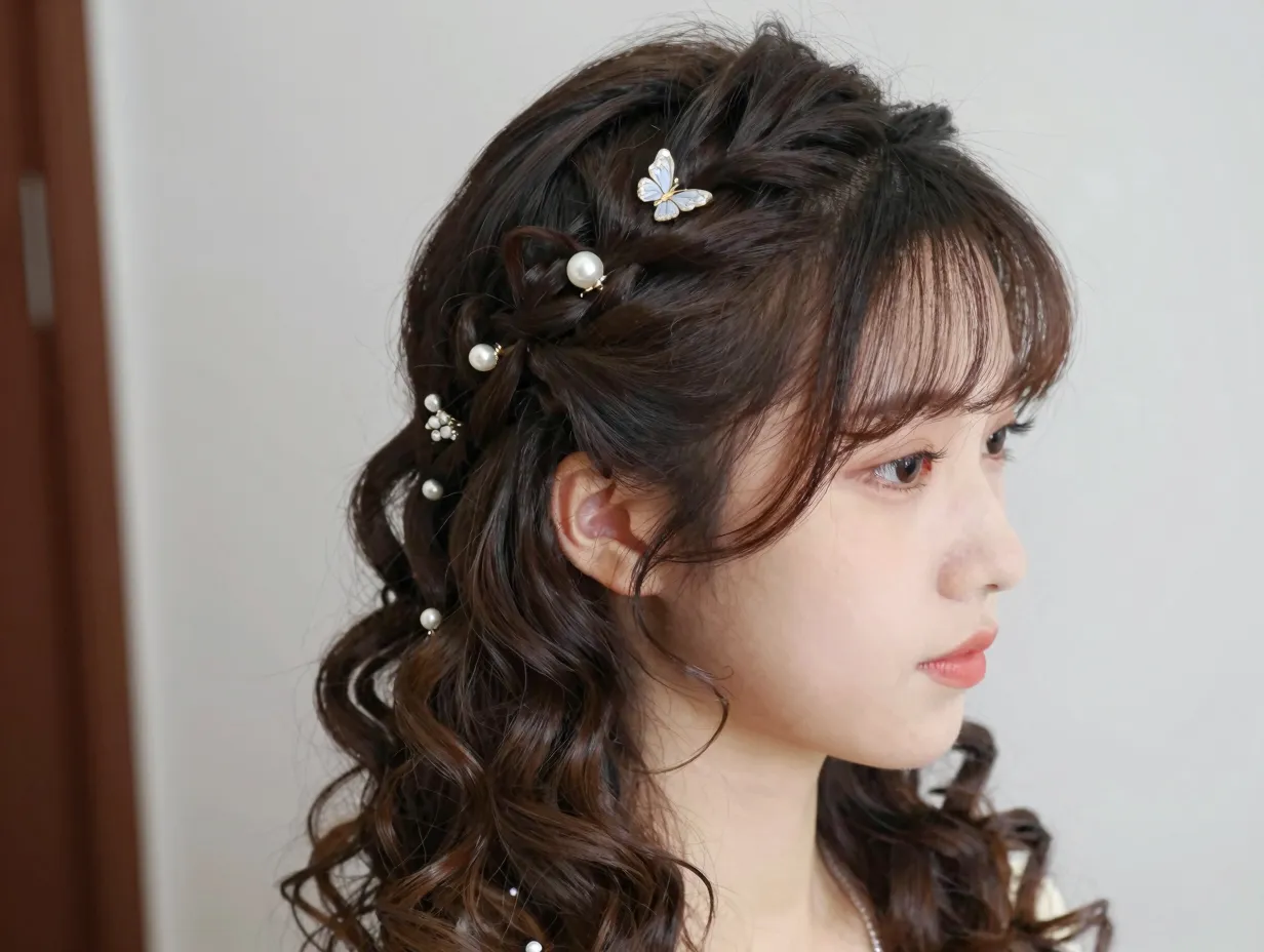 Half up hairstyle with delicate side twists and curls