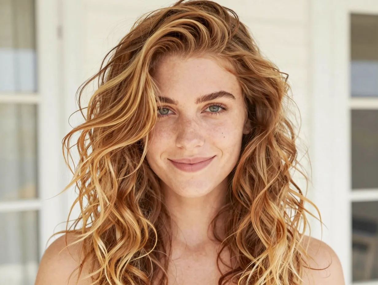 Strawberry blonde face framing highlights on sun kissed waves