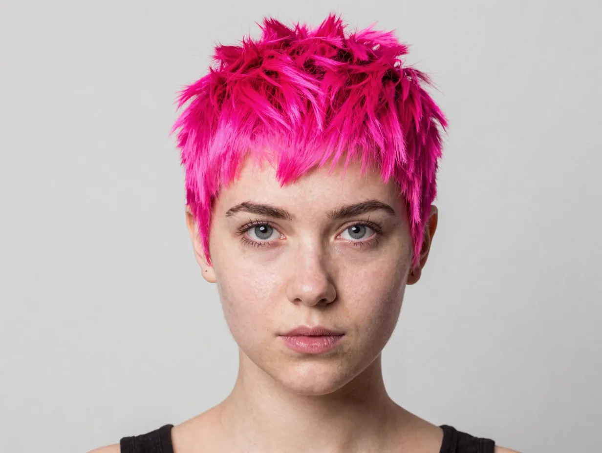 Vibrant neon pink textured crop bold inclusive striking short hair