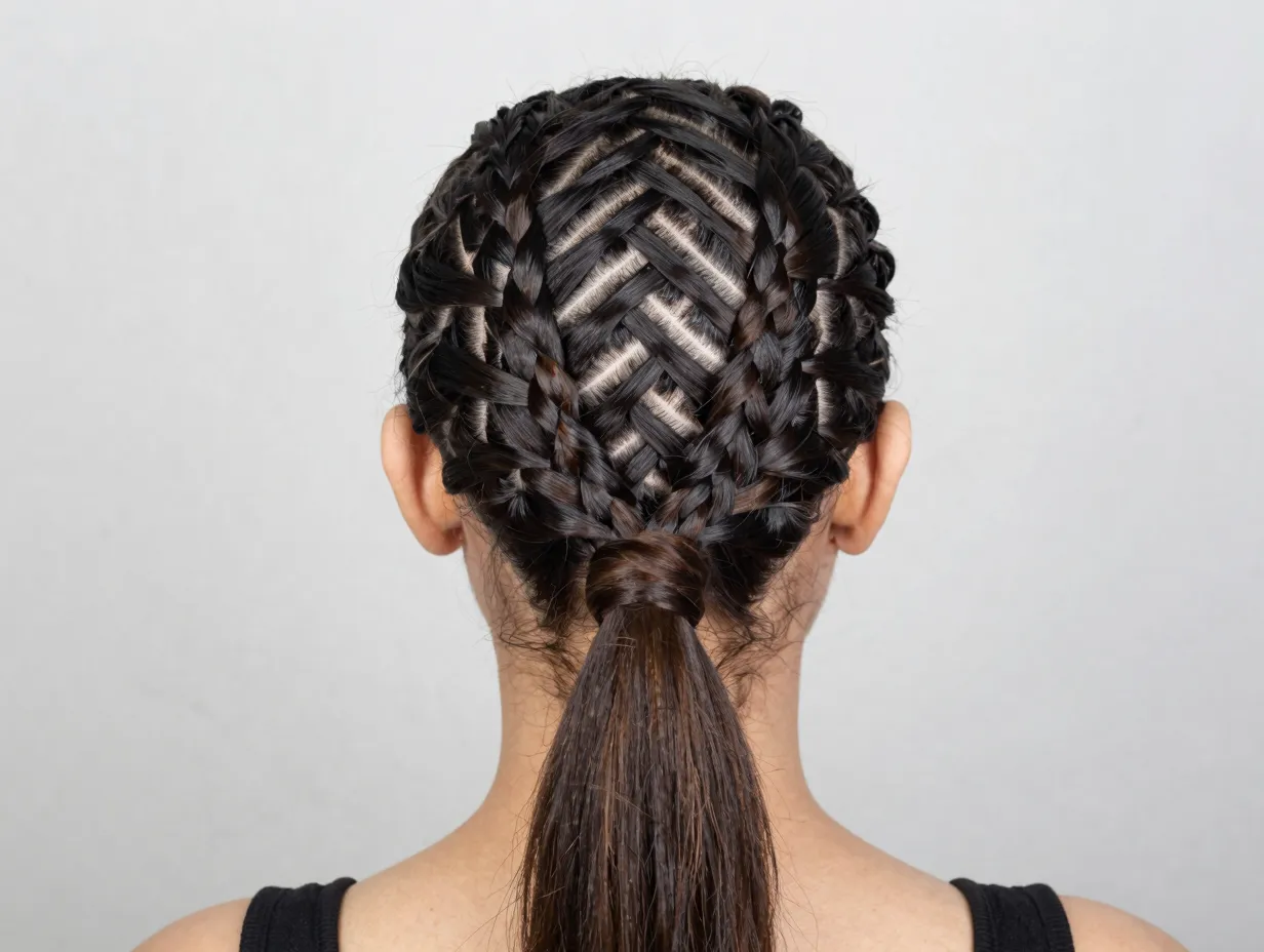 Zig zag part cornrow ponytail overhead scalp detail