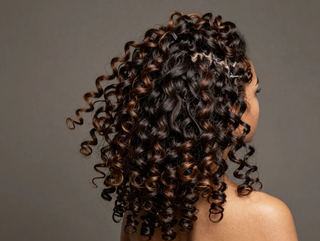 A messy cascade of tight coils loosely secured at the crown falling down