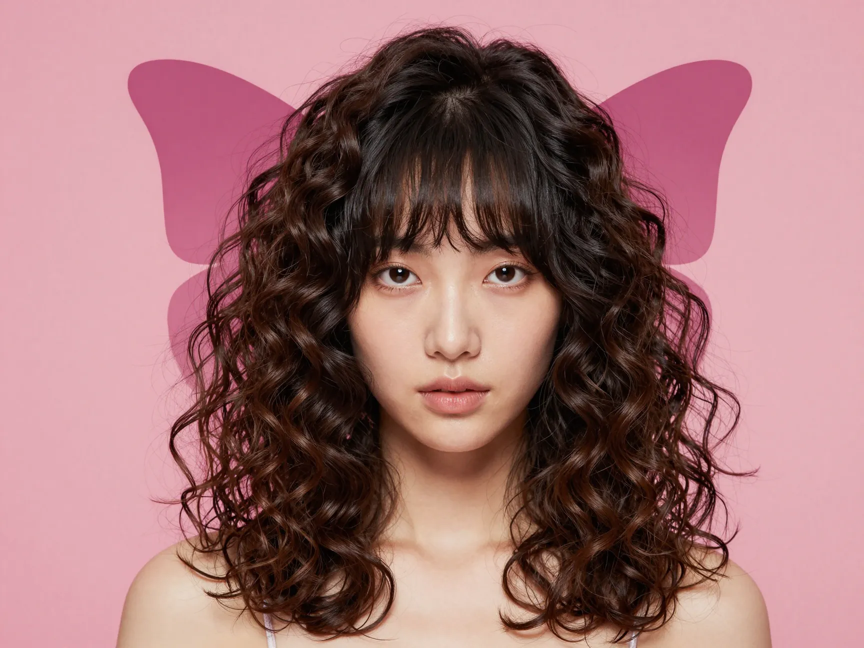 A structured curtain bang butterfly haircut on curly shoulder length hair