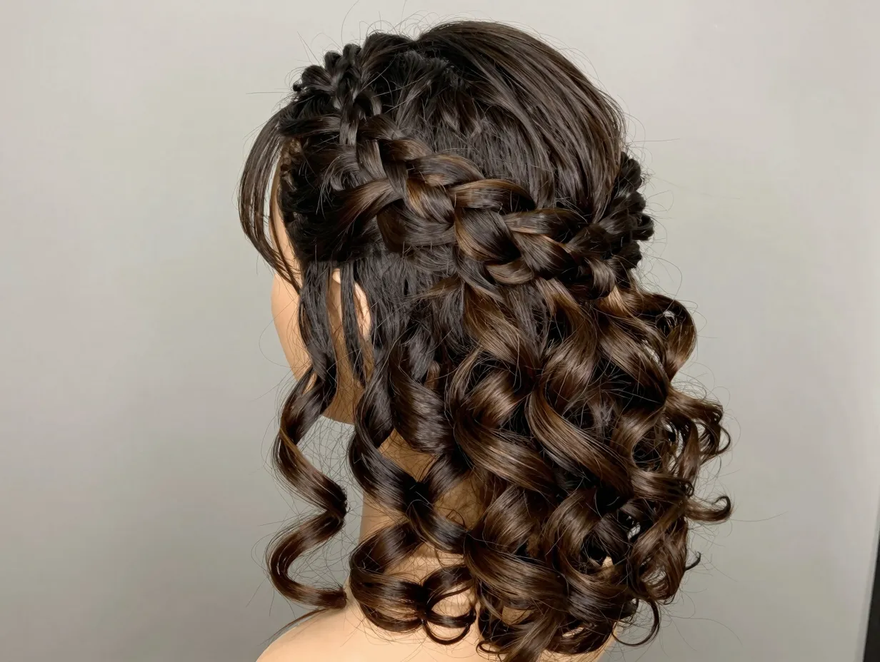Dutch braid crown with voluminous loose curls contrast