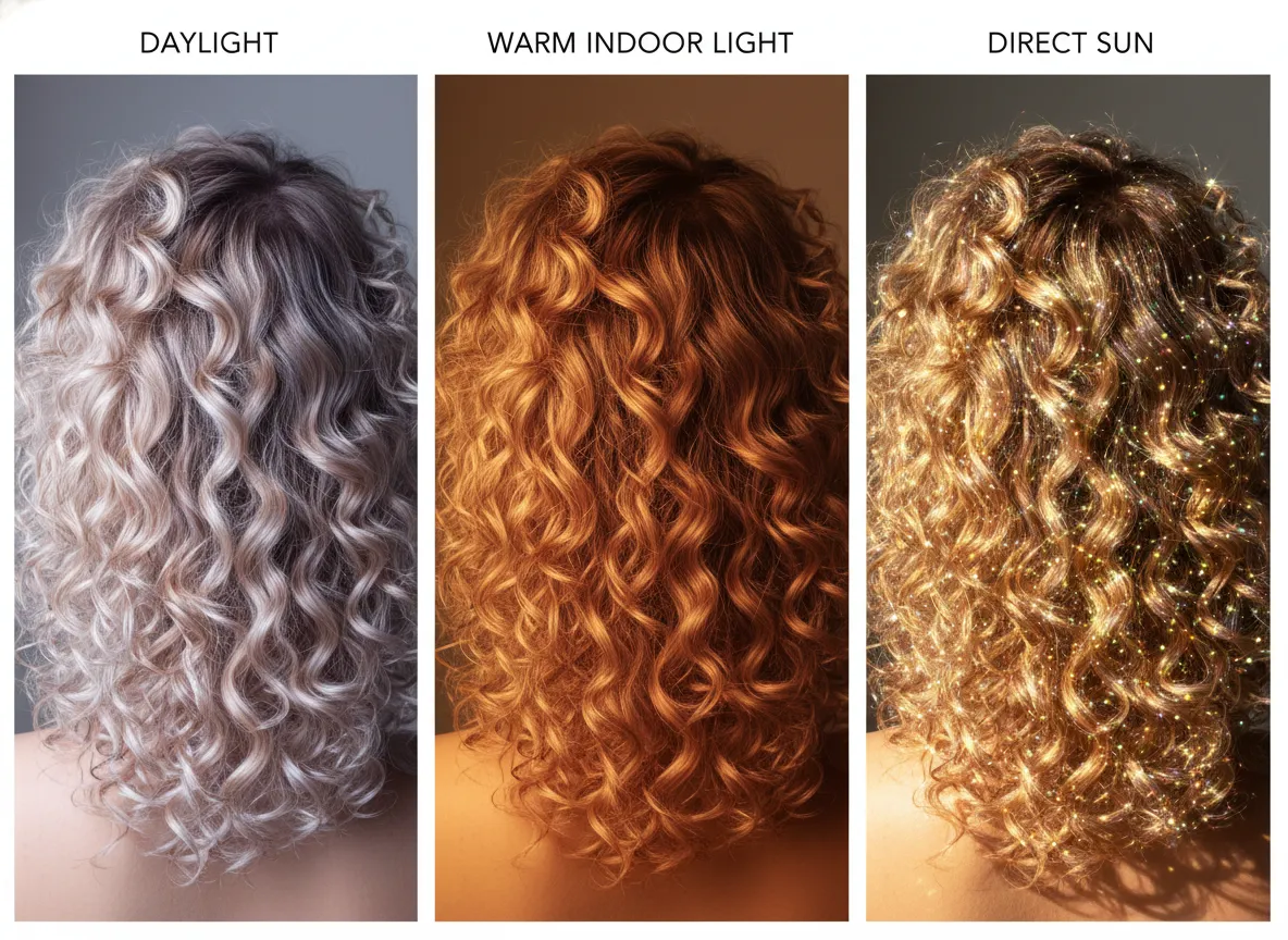 Iridescent champagne rose hair shifting color in different light