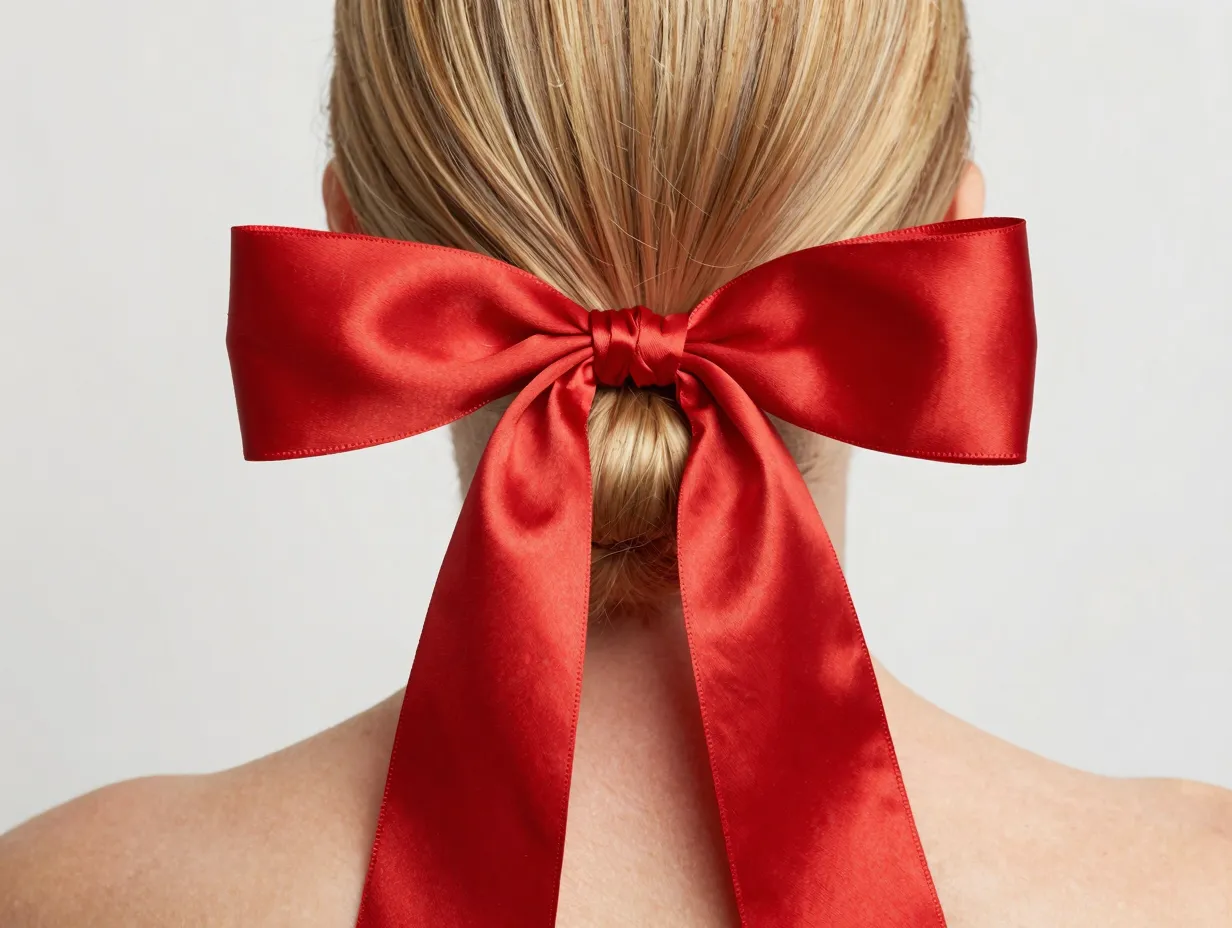 Wide satin ribbon tied in a bow around a low bun