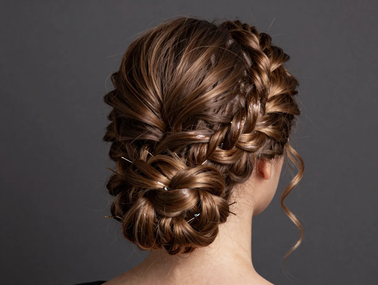 A braided updo with curls combining a twisted bun and a coiled braid