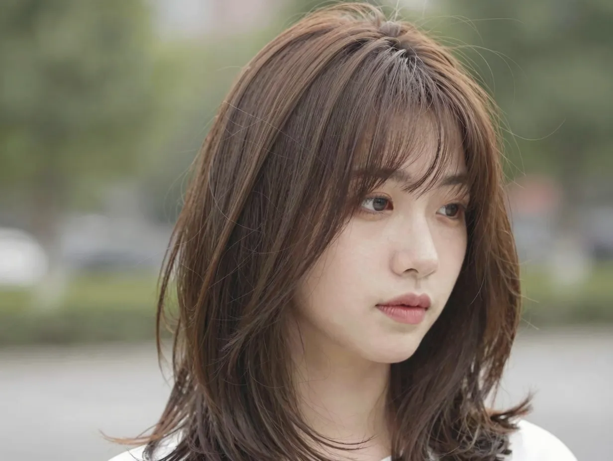 A versatile layered lob with long blended butterfly bangs above shoulders