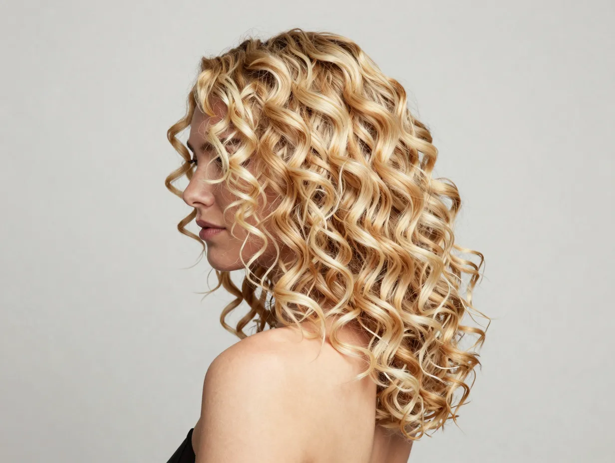 Creamy golden blonde curls with balanced beige and warm tones