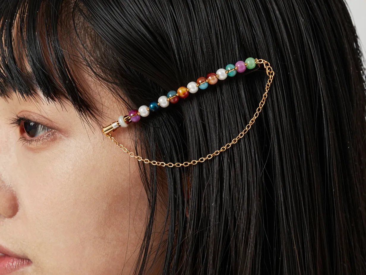 Delicate beaded chain hair clip at the temple on sleek hair